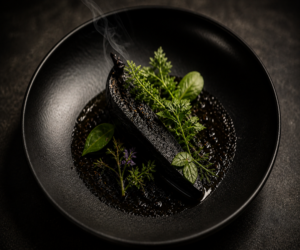 Plat signature aubergine fumée restaurant L’Encre des Calanques Cassis cuisine végétale