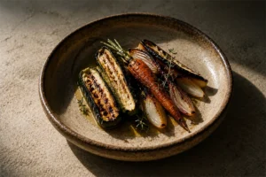Assiette de égumes grillés au feu de bois restaurant L’Encre des Calanques Cassis cuisine saison